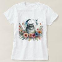 Gray Cat Blue Butterfly Floral