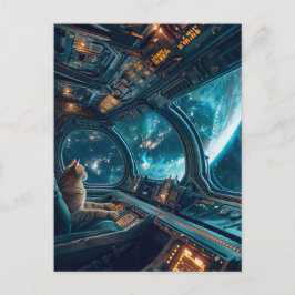 Gray cat in cockpit with Earth outside Feiertagspostkarte