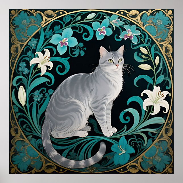 Gray Cat Ornate Floral Frame Poster (Vorne)