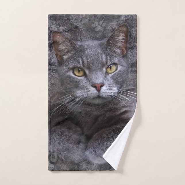Gray Cat Portrait Badhandtuch Set (Handtuch)