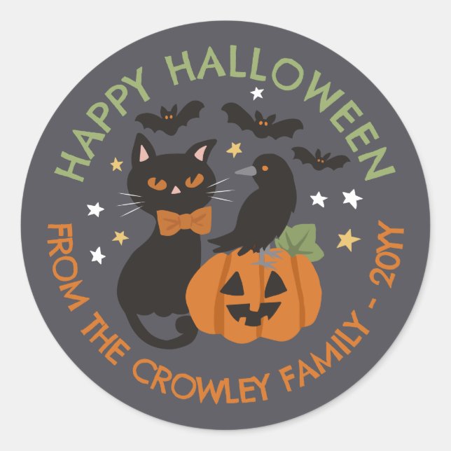 Gray Cat Pumpkin Raven Happy Halloween Runder Aufkleber (Vorderseite)