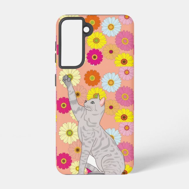 Gray Cat Reaching for Flowers Samsung Galaxy Case Hülle (Rückseite)