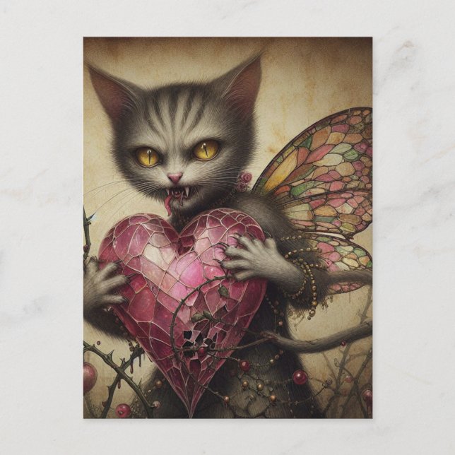 Gray Cat Vampire Fairy Pink Herz Brambles Postkarte (Vorderseite)