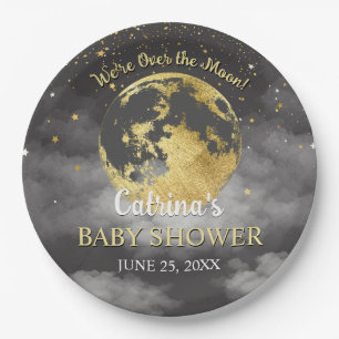 Gray Celestie Over the Moon and Stars Baby Shower Pappteller