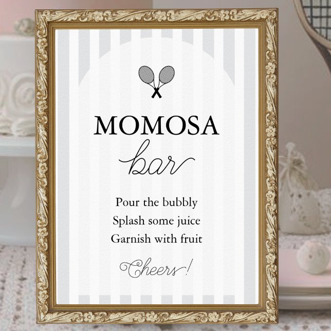 Gray Chic Tennis Baby Dusche Momosa Bar signieren Poster (elegant grey and white baby shower sign for momosa bar at tennis theme events shown in gold frame)