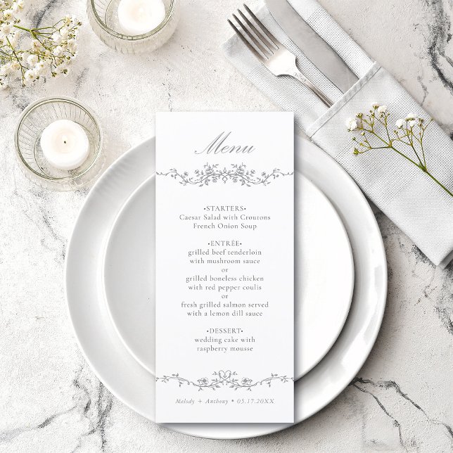 Gray Classic Bloral Border Wedding Menükarte (Von Creator hochgeladen)