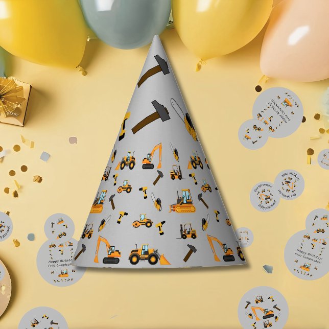 Gray Construction Boy Birthday Bilingual Party Partyhütchen (Bilingual gray Party hat for boy, cosntruction themed supplies. Multilingual project)