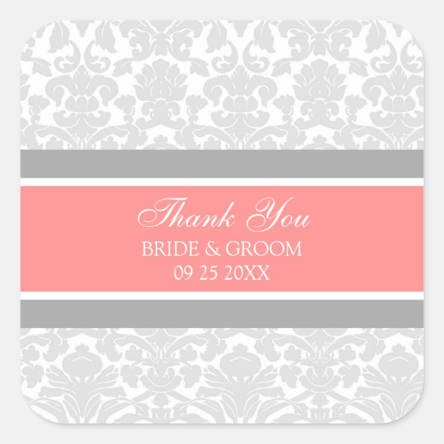 Gray Coral Damask Vielen Dank Gastgeschenk Hochzei Quadratischer Aufkleber (Vorderseite)