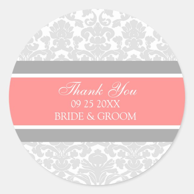 Gray Coral Damask Vielen Dank Gastgeschenk Hochzei Runder Aufkleber (Vorderseite)