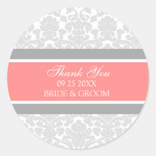 Gray Coral Damask Vielen Dank Gastgeschenk Hochzei Runder Aufkleber