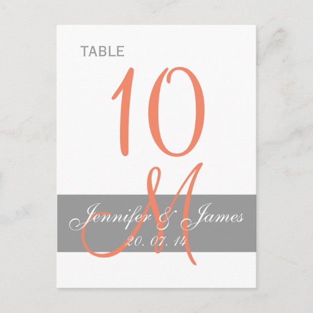 Gray Coral Monogram Wedding Table Card Postkarte (Vorderseite)