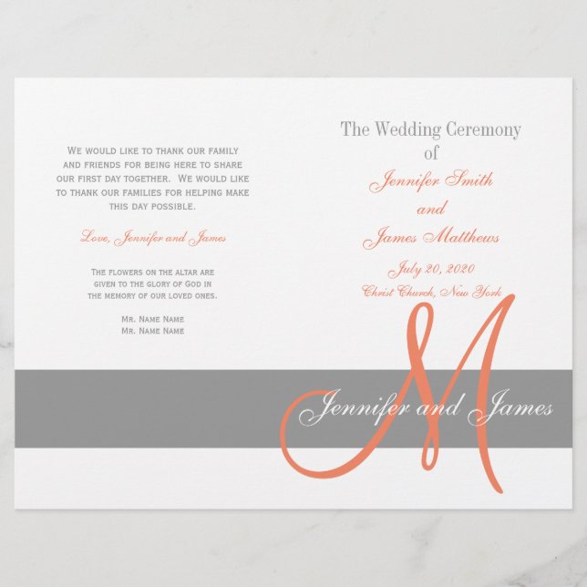 Gray Coral Wedding Program | Monogramm (Vorderseite)