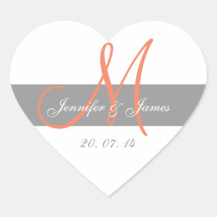 Gray CoralMonogram Name Gastgeschenk Hochzeit Stic Herz-Aufkleber