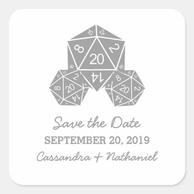 Gray D20 Dice Save the Date Stickers (Vorderseite)