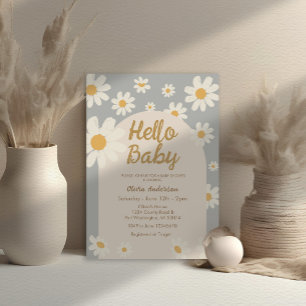 Gray Daisy Hello Baby Retro Boho Baby Dusche Einladung
