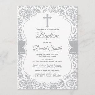 Gray Damask Cross-Taufe Einladung