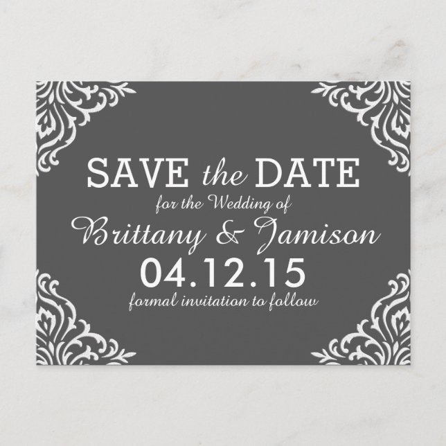 Gray Damask Elegante Save the Date Postkarte (Vorderseite)