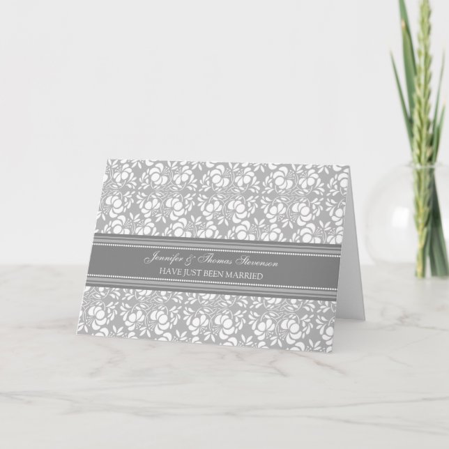 Gray Damask Just Married Announcement Card Ankündigung (Vorderseite)