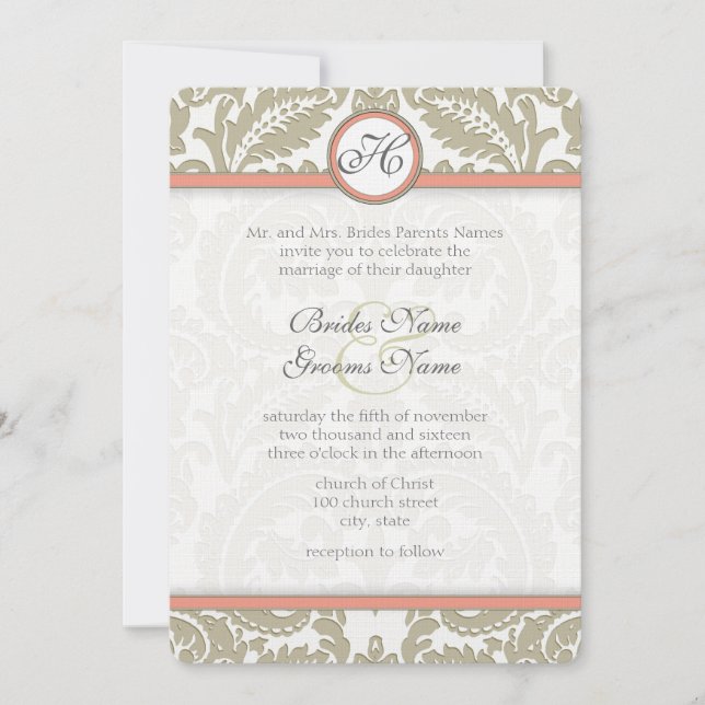 Gray Damask mit Coral & Greige Wedding Einladung (Vorderseite)