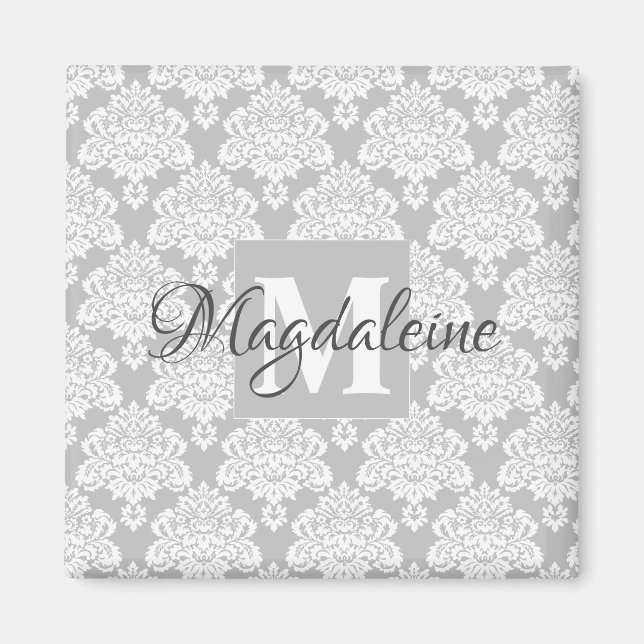 Gray Damask Monogram mit Name Magnet (Vorne)