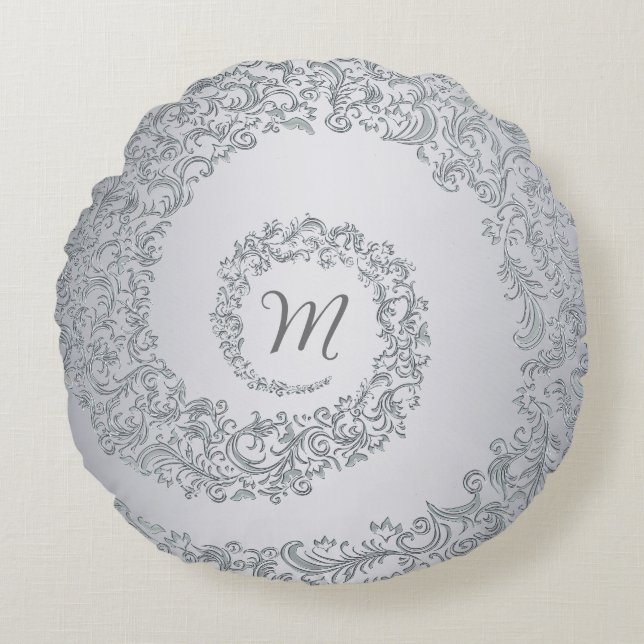 Gray Damask Monogram Rundes Kissen (Vorderseite)