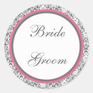 Gray Damask (rosa) Hochzeitsticker Runder Aufkleber