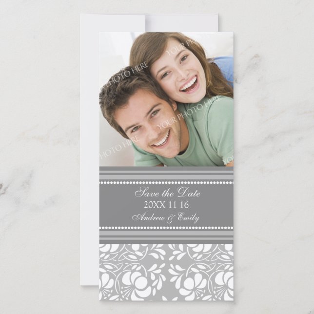 Gray Damask Save the Date Hochzeit Foto Cards (Vorderseite)
