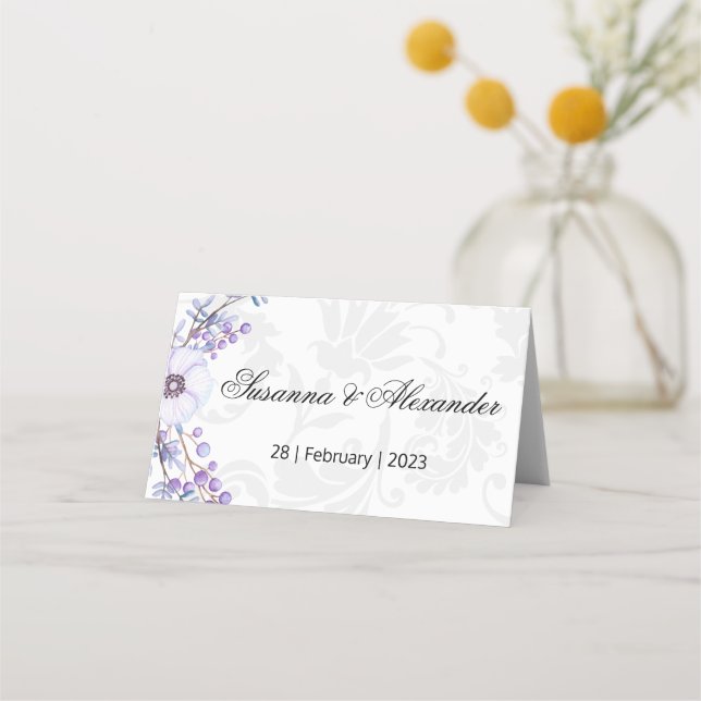 Gray Damask und Lila Berry Wedding Platzkarte (Vorderseite)