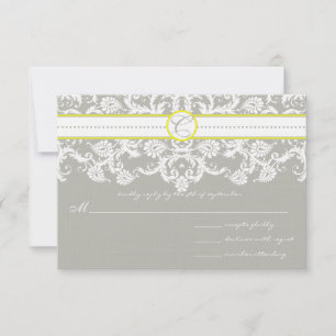 Gray Damask Wirbel Bright Yellow Wedding RSVP Karte