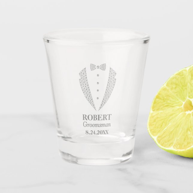 Gray Diamond Pattern Trauzeugen Tuxedo Schnapsglas (Vorderseite)