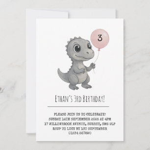 Gray Dino mit Pink Balloon Illustration Geburtstag Einladung