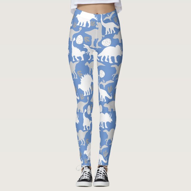 Gray Dino Pattern L Blue BG Leggings (Vorderseite)