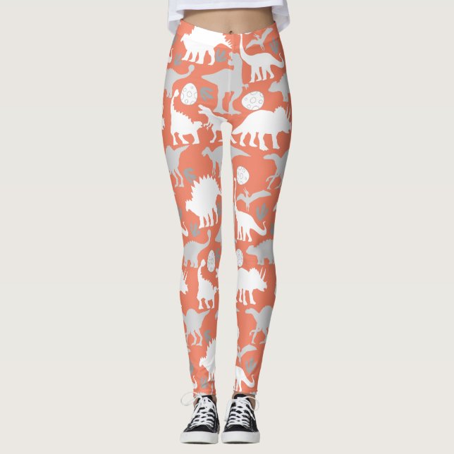 Gray Dino Pattern Orange BG Leggings (Vorderseite)