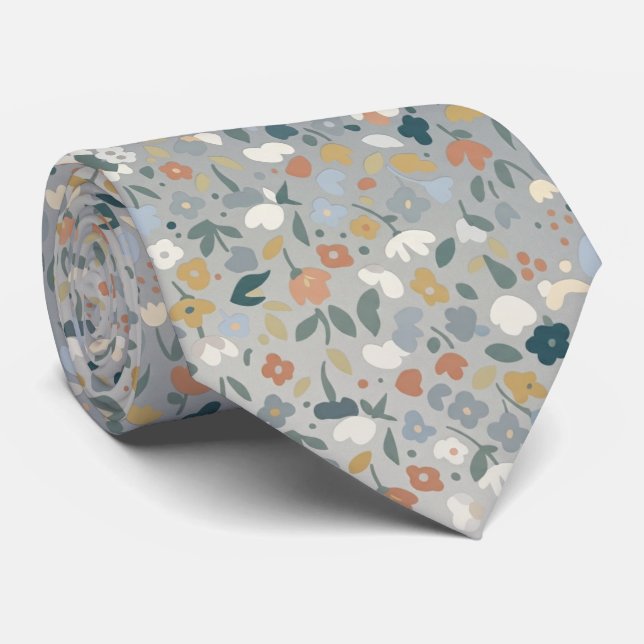 Gray Ditsy Floral Soft Pastel Flowers Krawatte (Gerollt)