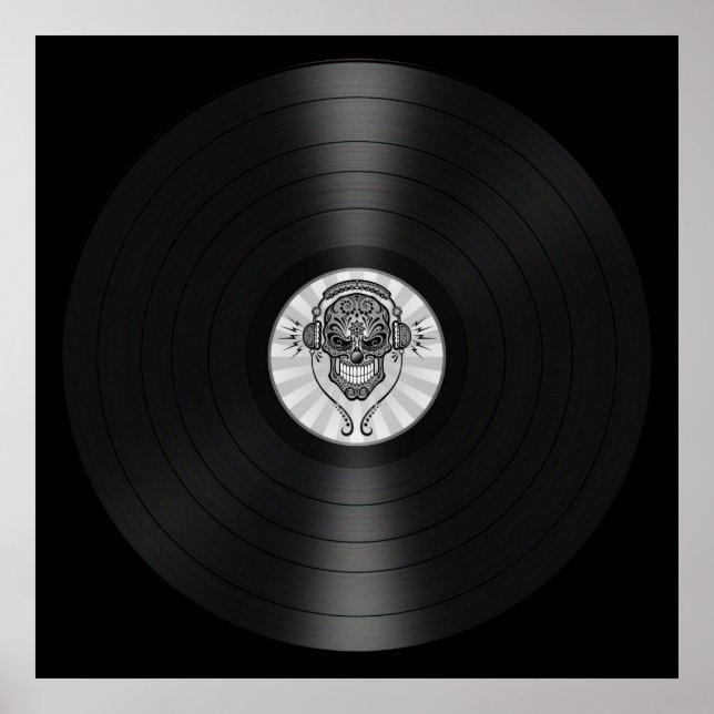 Gray Dj Sugar Skull auf Vinyl Record Graphic Poster (Vorne)