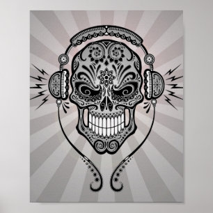 Gray DJ Sugar Skull mit Lichtstrahlen Poster