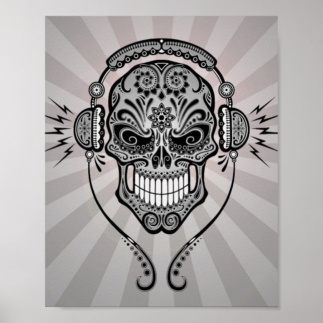 Gray DJ Sugar Skull mit Lichtstrahlen Poster (Vorne)