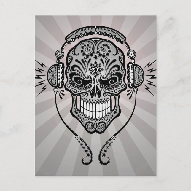Gray DJ Sugar Skull mit Lichtstrahlen Postkarte (Vorderseite)