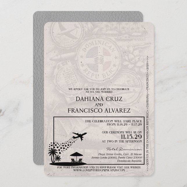 Gray Dominican Republic Passport Wedding Einladung (Vorne/Hinten)
