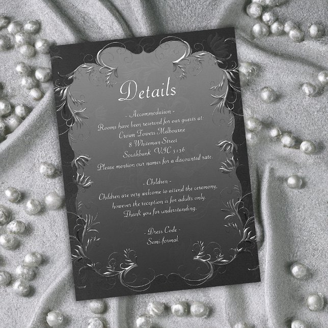 Gray Elegance und Silver Wirbel Hochzeitdetails Begleitkarte (Von Creator hochgeladen)