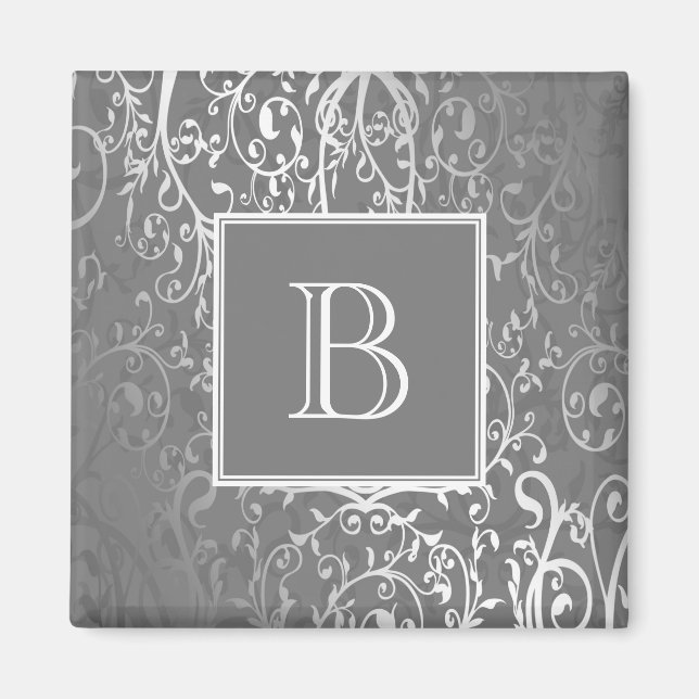 Gray Elegant Blüh Monogram Magnet (Vorne)