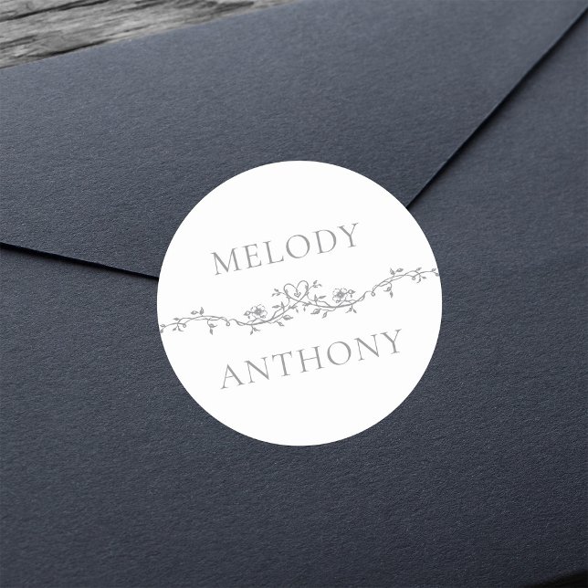 Gray Elegant Floral Border Monogramme Runder Aufkleber (Von Creator hochgeladen)