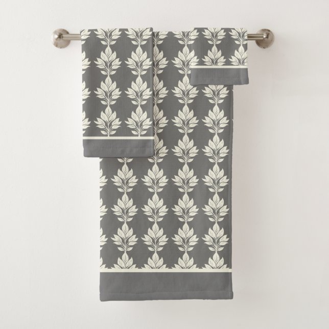 Gray Elegant Leaf Pattern Badhandtuch Set (Insitu)