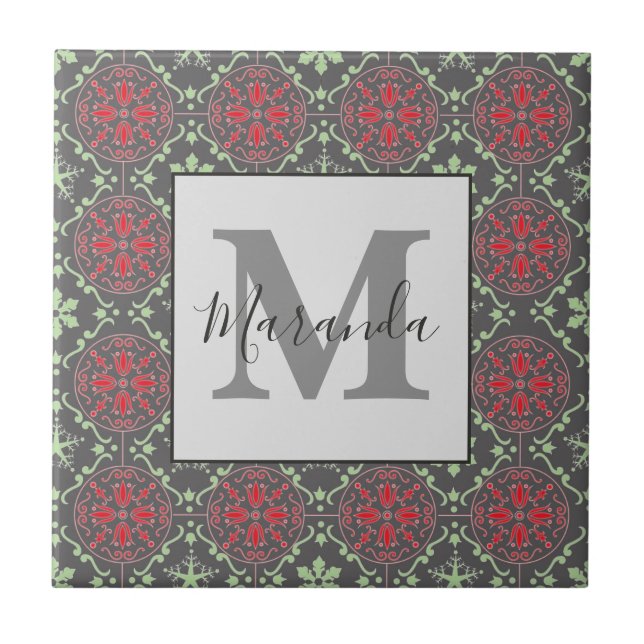 Gray Elegant Nordic Snowflake Winter Monogram Fliese (Vorderseite)
