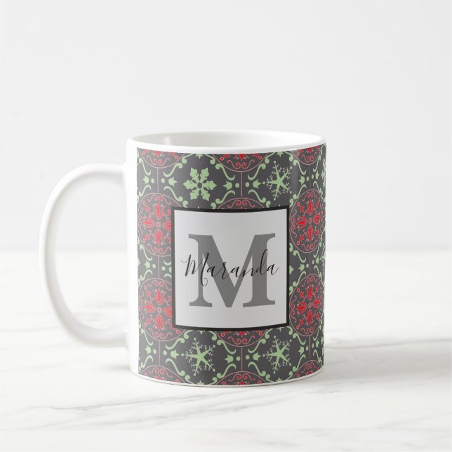 Gray Elegant Nordic Winter Snowflake Monogramm Kaffeetasse (Links)
