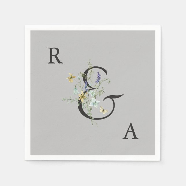 Gray Elegant Wildblume Wedding Monogram Serviette (Vorderseite)