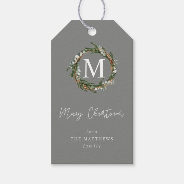 Gray Eucalyptus Wreath Monogram Gift Tags Geschenkanhänger (Vorderseite)