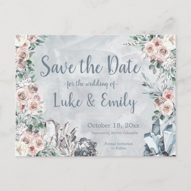 Gray Floral & Crystals Wedding Save the Date Postkarte (Vorderseite)