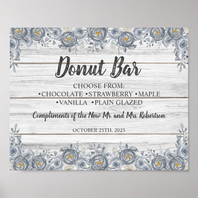 Gray Floral | Donut-Bar-Brautparty-Hochzeitszeiche Poster (Vorne)