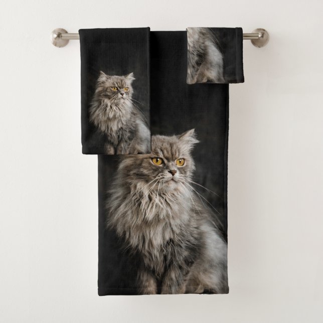 Gray Fluffy Cat Badhandtuch Set (Insitu)
